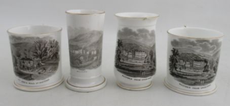 Two 19th century mugs, together with two 19th century vases, with transfer prints of views of