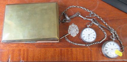 Two silver cased pocket watches, together with a silver medallion, watch chains and a cigarette box