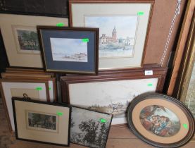 A collection of 19th century and later prints, including Dickensian characters