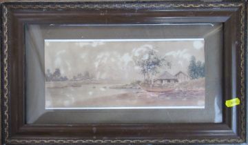 A 19th century watercolour, landscape across river with snow capped mountain, 5ins x 11.5ins