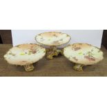Two Royal Worcester blush ivory tazza's, and comport, all decorated with flowers, diameter 8.5ins