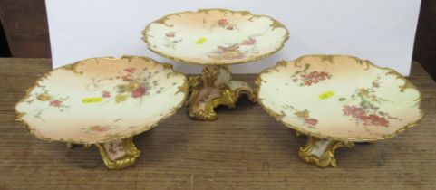 Two Royal Worcester blush ivory tazza's, and comport, all decorated with flowers, diameter 8.5ins