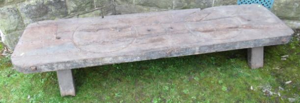 A low wooden bench, 74ins x 19ins, height 11ins