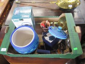 A box of sundries to include a West German carved vase and metal ware