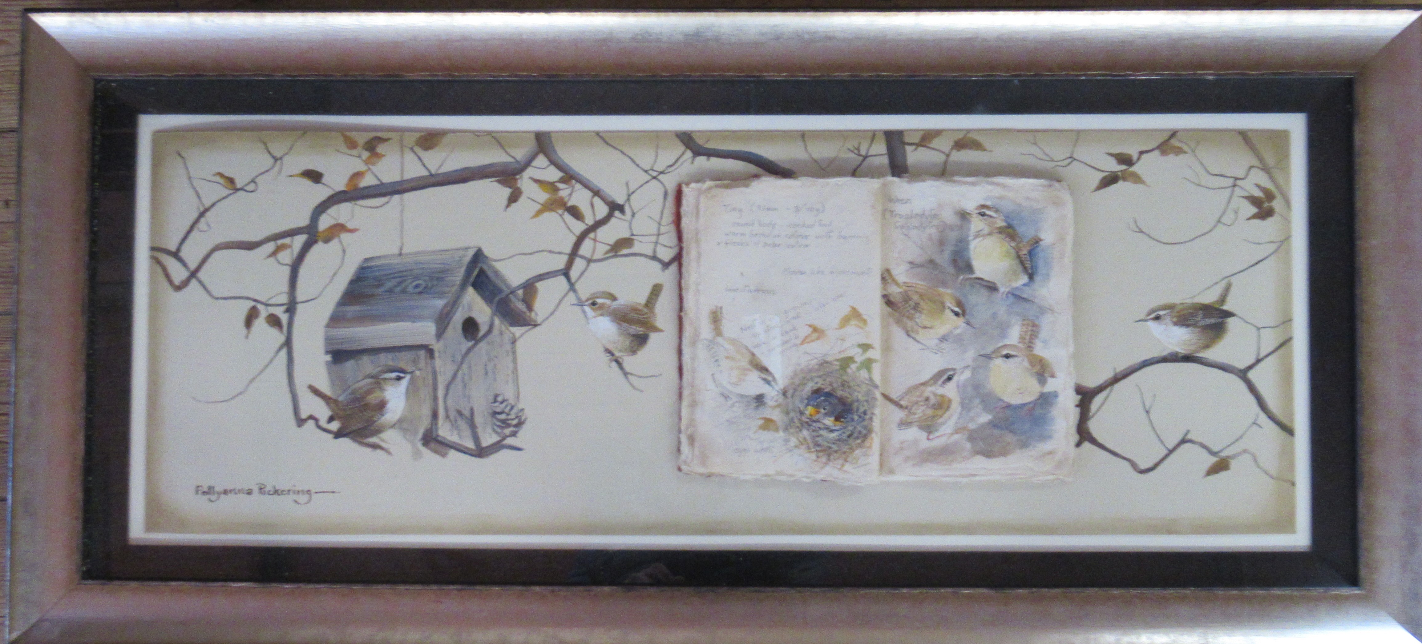 Pollyanna Pickering, watercolour, studies of wren with framed sketch book, 12ins x 33ins