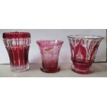 Three ruby flash glass vases, height 7ins and down