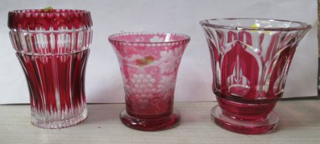 Three ruby flash glass vases, height 7ins and down