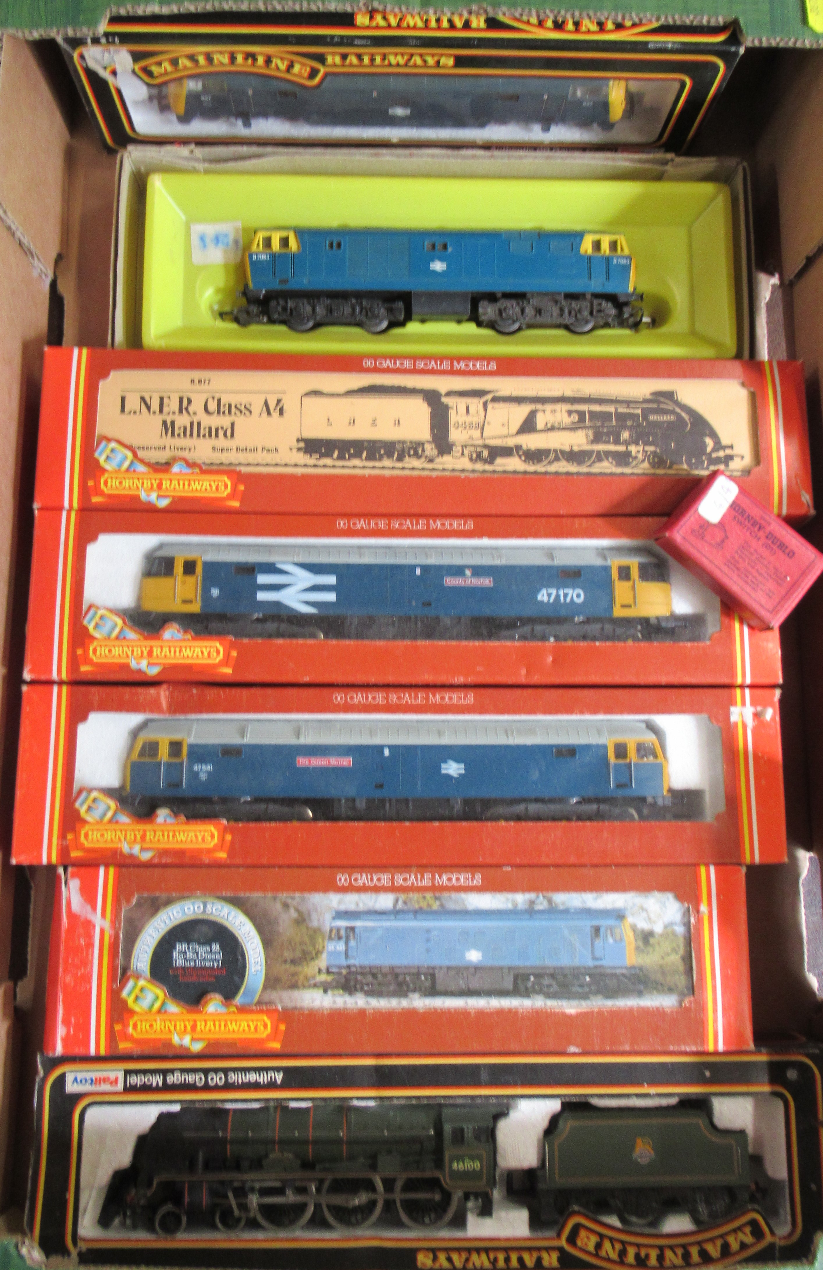 Five boxed Hornby trains, together with two other models,00 gauge,  all diesel engines except one