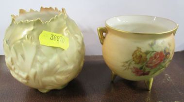 A Royal Worcester blush ivory cauldron vase, decorated with flowers, together with a gilded leaf