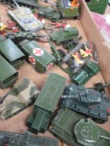 A box of Dinky toys, including Dinky super toys, Tank transporter 660, Leopard tank and Centurion