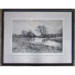 Fred Slocombe, black and white print, view across water with trees, 15ins x 21ins