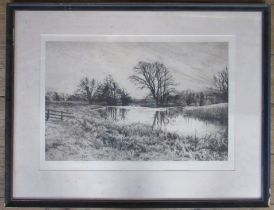 Fred Slocombe, black and white print, view across water with trees, 15ins x 21ins