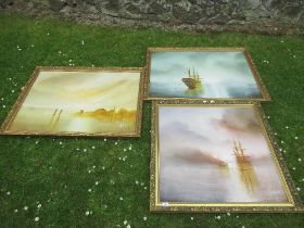 Three large oil on canvas, harbour scenes, indistinctly signed, 29ins x 39ins, 32ins x 31ins,
