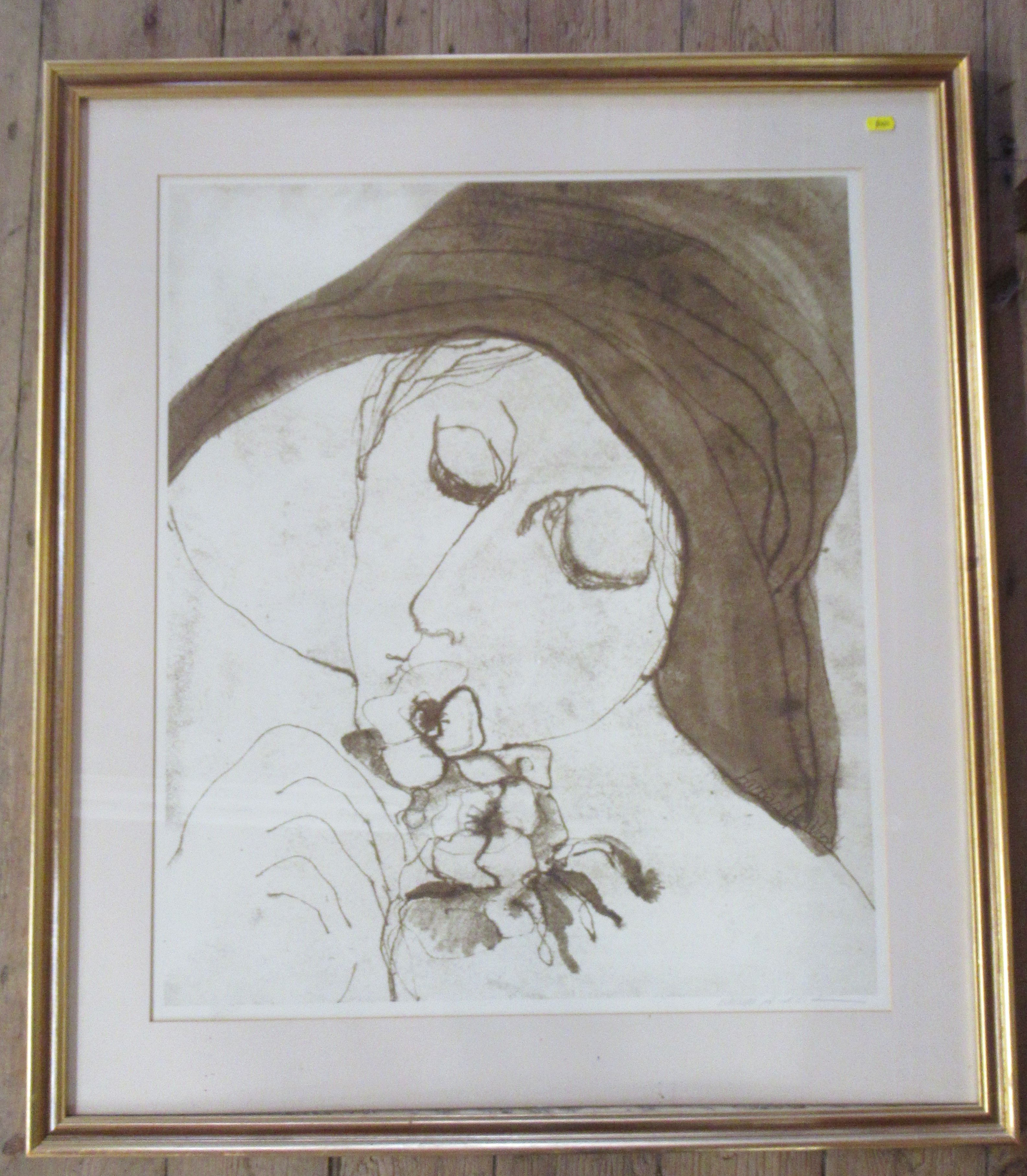 Barbara A Wood, sepia print, portrait of a girl smelling flowers, 28.5ins x 24ins