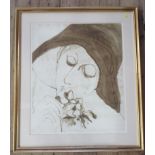 Barbara A Wood, sepia print, portrait of a girl smelling flowers, 28.5ins x 24ins