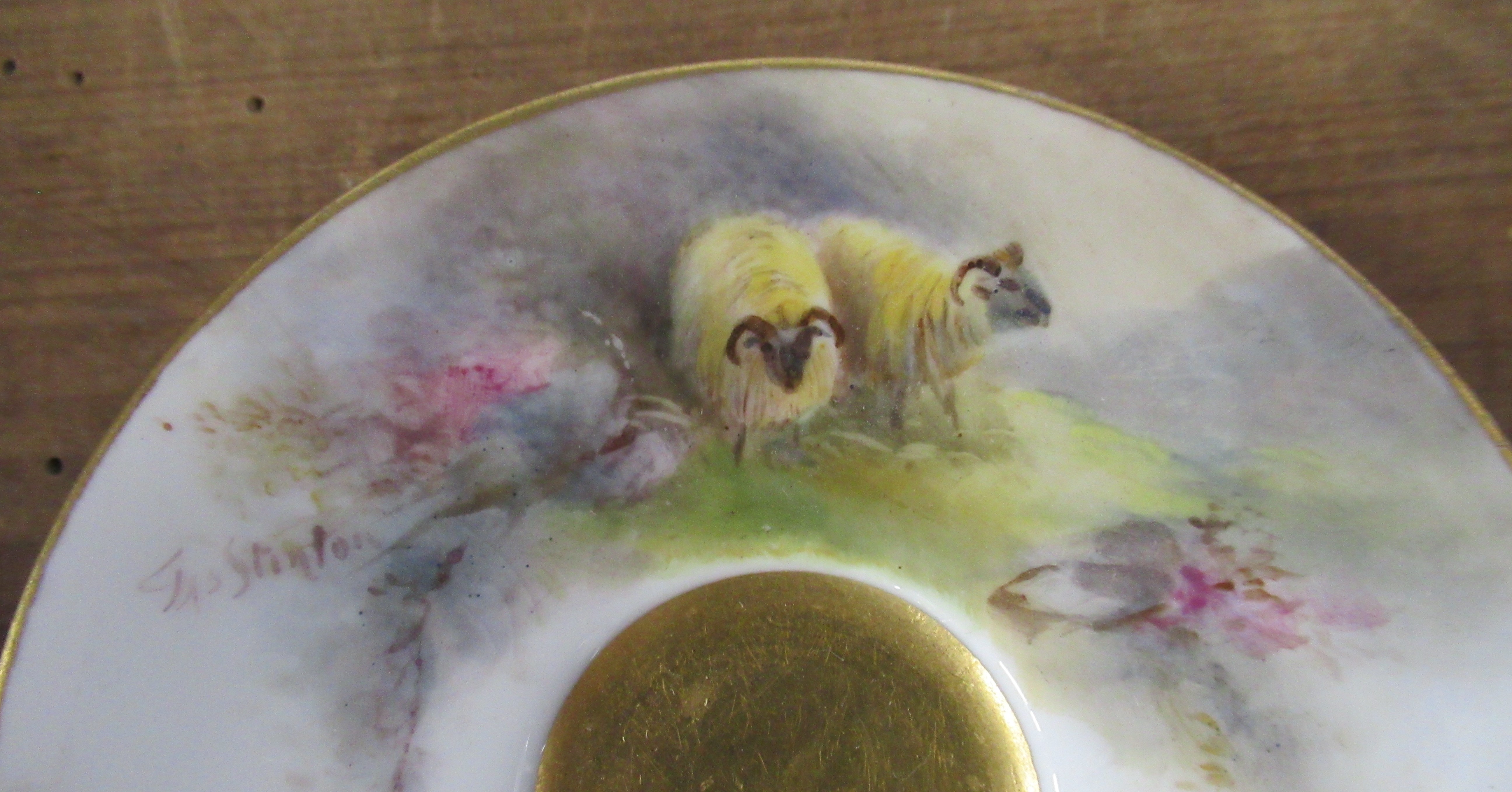 A Royal Worcester miniature saucer, decorated with sheep, signed Jas Stinton, together with a - Image 2 of 6