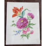 A rectangular porcelain plaque, decorated with flowers, marked to the back Handmalerei, 9ins x 7ins