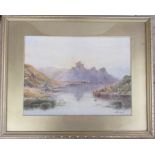 McK Farquaeface??, watercolour, view across water with castle on a hill, dated 1919, 11ins x 15ins