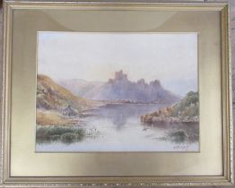 McK Farquaeface??, watercolour, view across water with castle on a hill, dated 1919, 11ins x 15ins