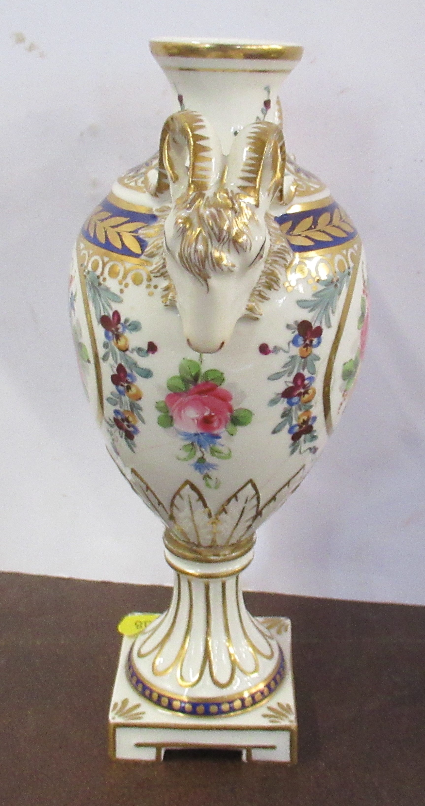 A 19th century Sevres porcelain pedestal vase, decorated with rams masks and flowers, af, height 7. - Image 2 of 4