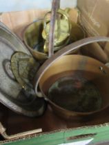 A collection of metal ware to include jam pans, Eastern trays etc