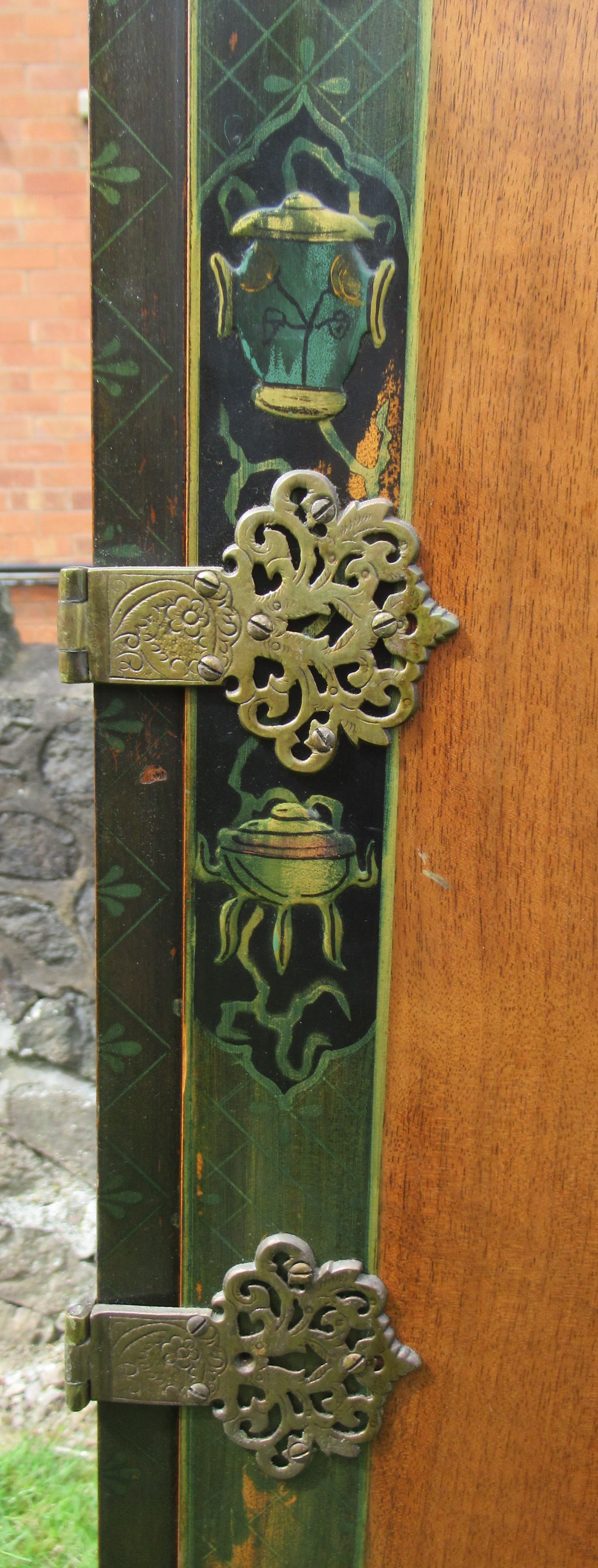 An Eastern design cabinet with painted decoration and applied gilt mounts raised on a stand, width - Image 2 of 5