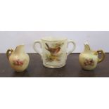 Two Royal Worcester miniature blush ivory flat back jugs, one af, together with a Graingers