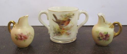 Two Royal Worcester miniature blush ivory flat back jugs, one af, together with a Graingers