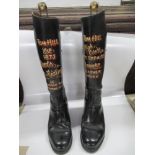 A pair of Riding Boots, with the words, Tom Hill est 1873, boots for riding etc on them