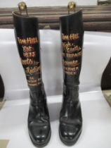A pair of Riding Boots, with the words, Tom Hill est 1873, boots for riding etc on them