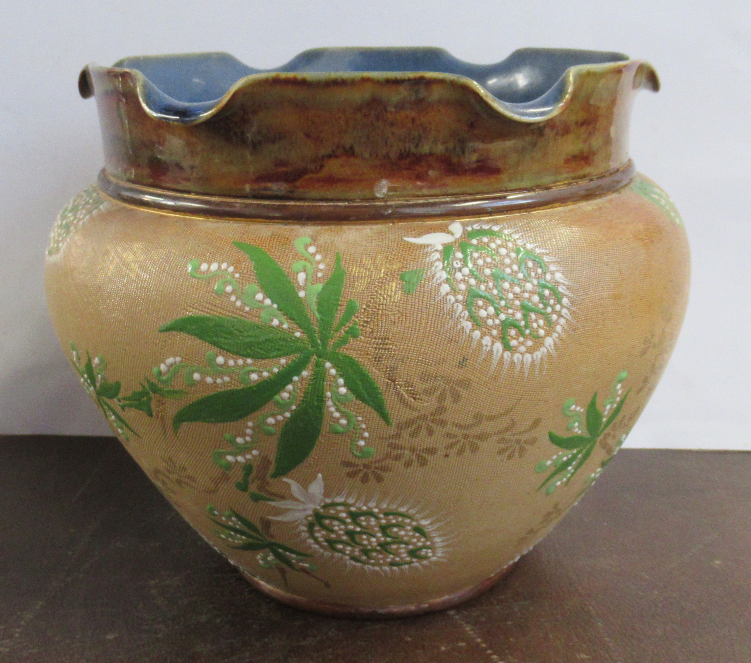 A Doulton Lambeth jardiniere, decorated in green and white to a beige ground, height 8ins - Image 2 of 3