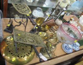 A collection of Antique and later metalware, including trivets, warming pan etc