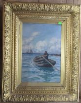 Andrew Black, oil on canvas, man rowing in the sea, 18ins x 11ins