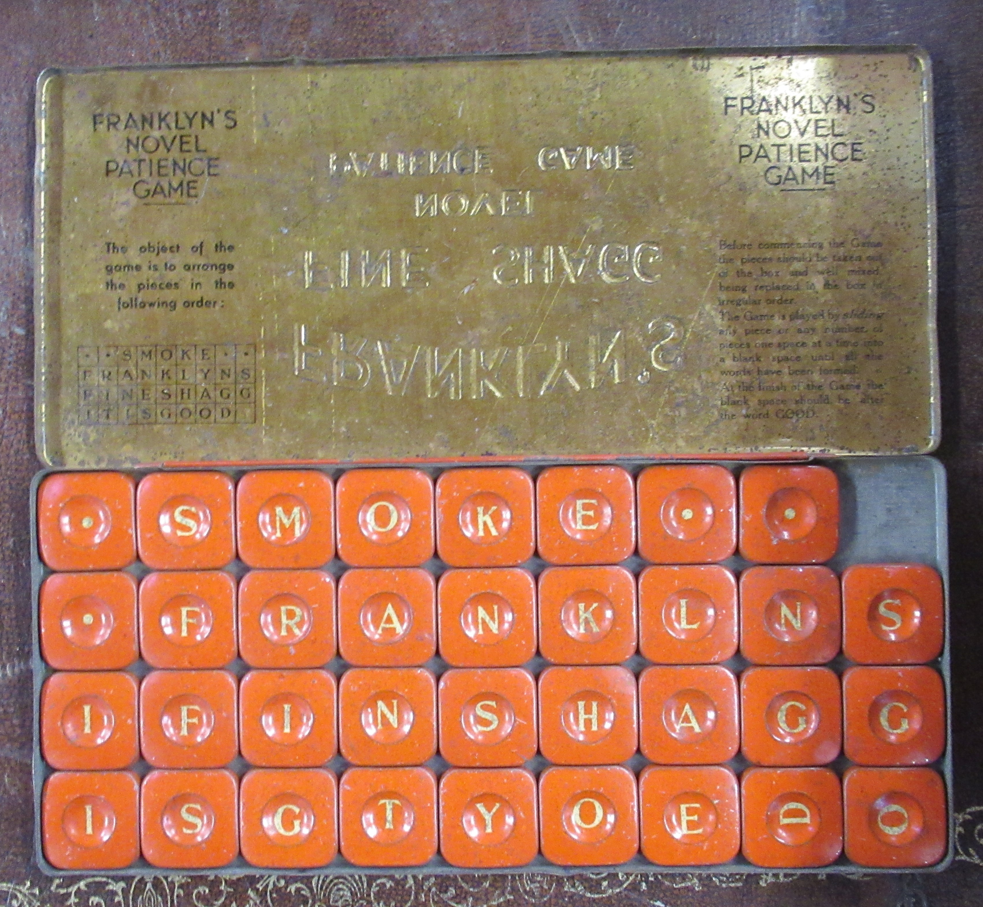 Franklyn's Fine Shagg Novel Patience Game, metal tin containing pressed metal squares - Image 2 of 4