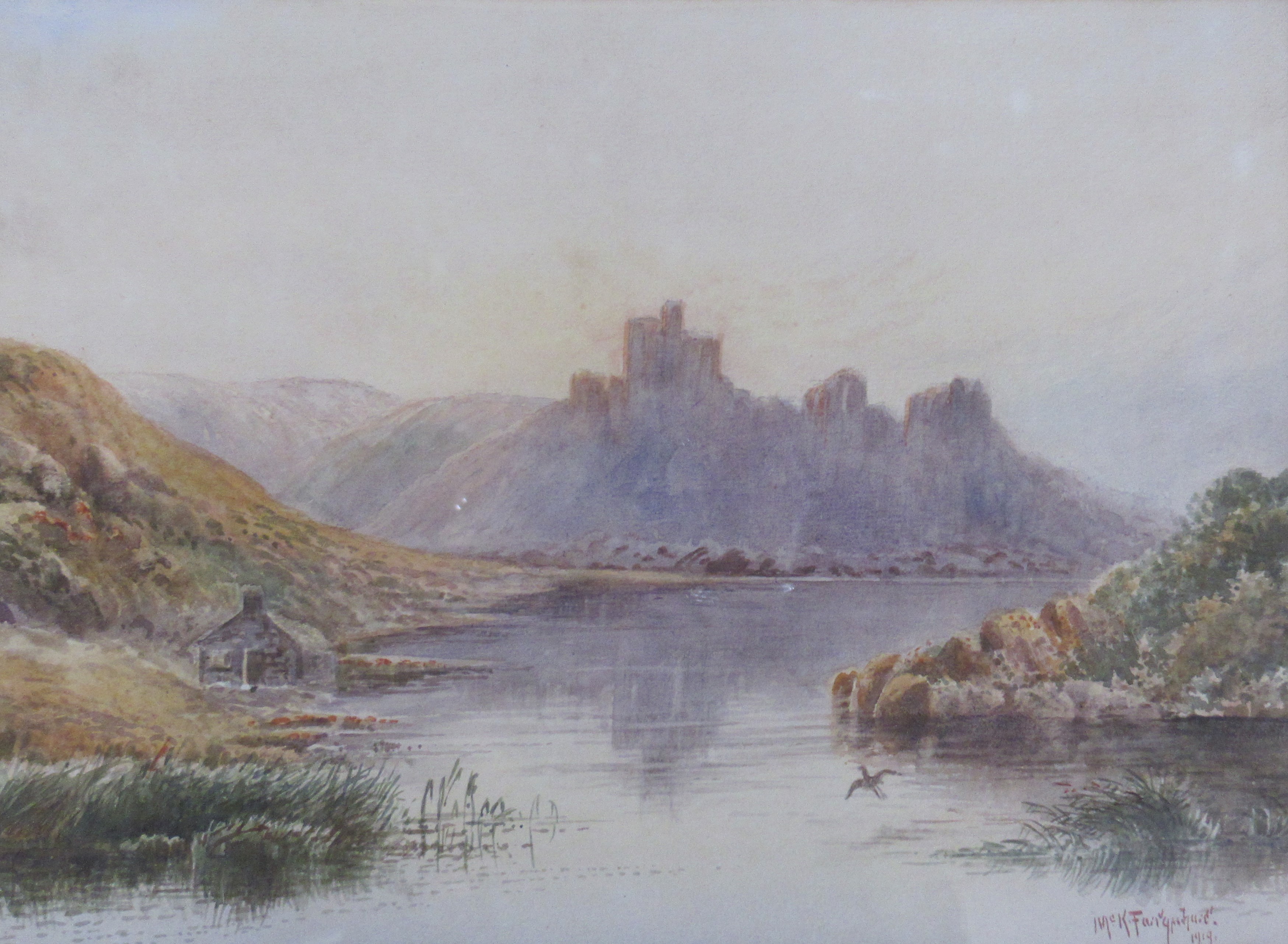 McK Farquaeface??, watercolour, view across water with castle on a hill, dated 1919, 11ins x 15ins - Image 3 of 3