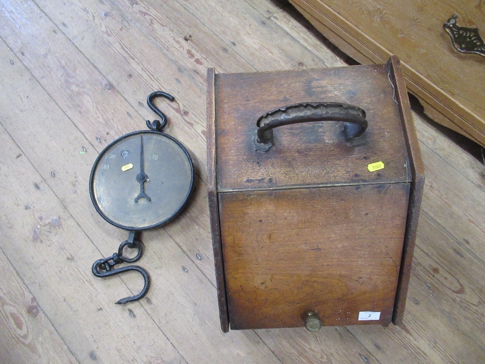 A coal scuttle together with a Salter Spring balance