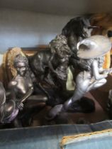 A box of model figures including Frith Sculptures and Heredities model of a horse and a lady etc