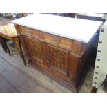 A continental style marble top side board fitted frieze drawer over 3 cupboard drawers with inlaid