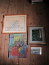 An unframed oil on canvas, interior scene, together with a drawing , print and another picture