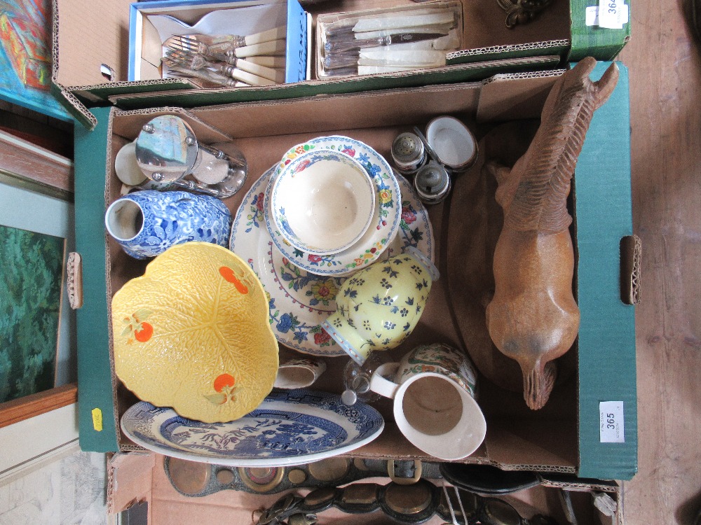 A box of sundries to include china, egg timer, Victorian glass vase etc
