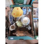 A box of sundries to include china, egg timer, Victorian glass vase etc