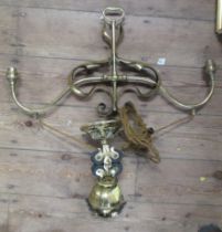 A brass Art Nouveau style rise and fall light fitting, together with various other light fittings,