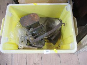 A box of metalware including scales