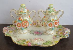 A Coalport Coalbrookdale inkstand, formed as a pair of covered two handled vases on a shaped