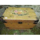A pine painted box, decorated with flowers, width 27ins