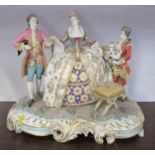 A large continental porcelain figure group, of a woman flanked by two men, one holding a dog, marked