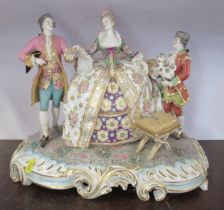 A large continental porcelain figure group, of a woman flanked by two men, one holding a dog, marked