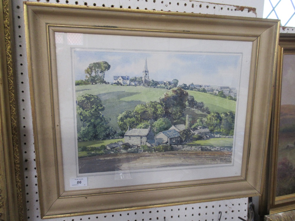Donald Greig watercolour , Rural scene with church in the background 11ins x 15ins