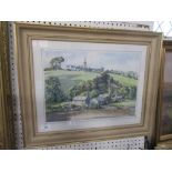 Donald Greig watercolour , Rural scene with church in the background 11ins x 15ins