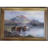 C W Oswald, oil on canvas, Highland landscape with cattle watering, 19ins x 29ins